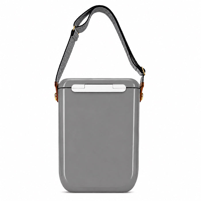 Pavilion Cooler by The Line Edit. - A grey cooler with a strap for easy carrying, featuring a simple, sleek design and a logo.