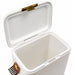 Pavilion Cooler by The Line Edit. - A white cooler with a gold latch and a side handle, featuring an open lid showing the empty interior.