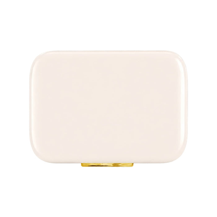 Pavilion Cooler by The Line Edit. - A rectangular cooler in a sleek cream colour with a gold clasp and a logo.