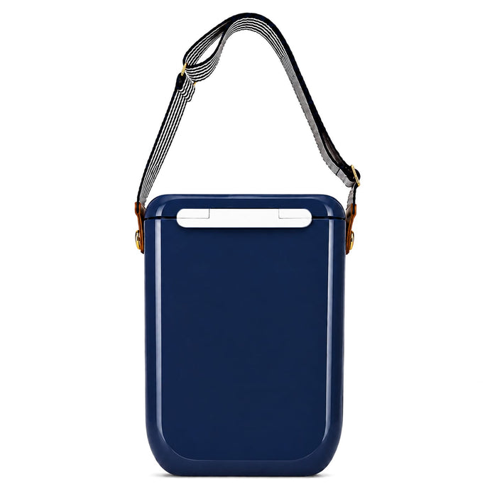 Pavilion Cooler by The Line Edit. - A navy blue cooler with a white handle and a black and white striped strap. It features a logo on its front.