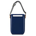 Pavilion Cooler by The Line Edit. - A navy blue cooler with a white handle and a black and white striped strap. It features a logo on its front.