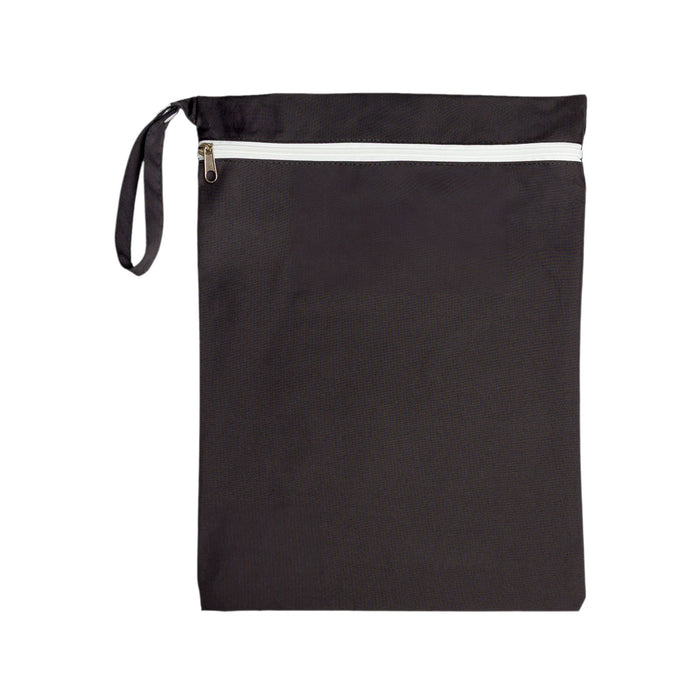 The Walkies Pack - A black fabric pouch with a white zip at the top and a handle on the side. It features a simple design.