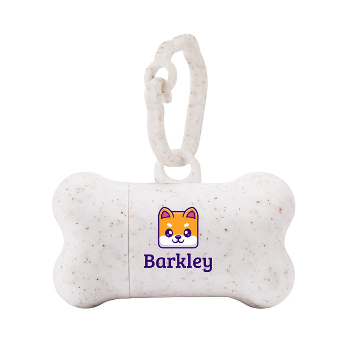 The Walkies Pack - A white, bone-shaped dog waste bag holder featuring a logo and a clip for easy attachment.