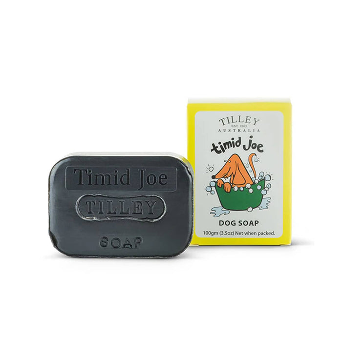 The Walkies Pack - A bar of black dog soap with a yellow box featuring a playful design and a logo. The box is labelled "Timid Joe".