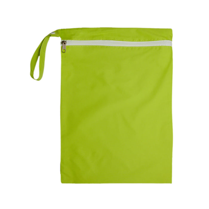 The Walkies Pack - A lime green zippered bag with a handle, featuring a white zipper across the top. It has a smooth fabric finish.