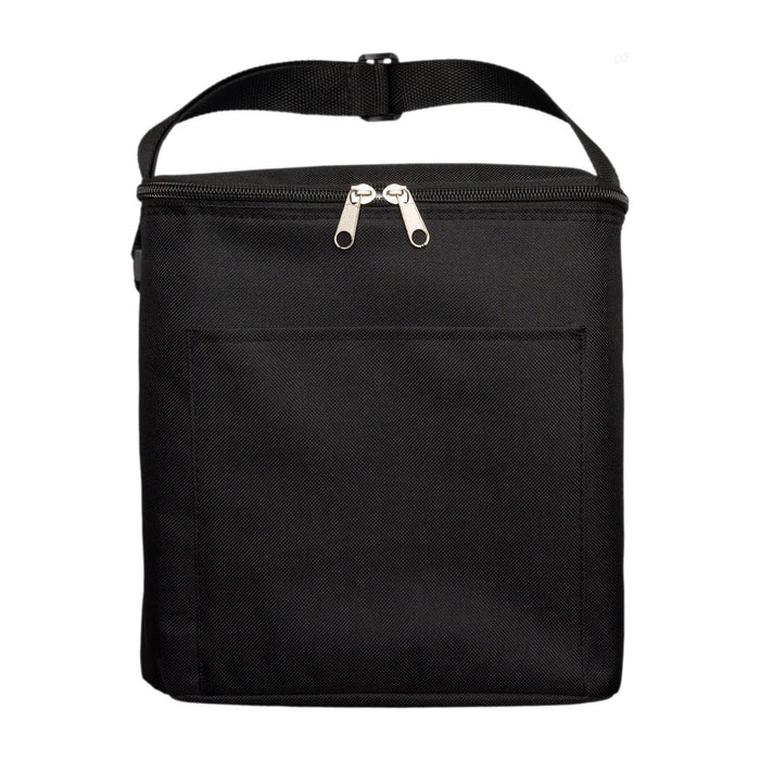 Daily Grind Pack - A black insulated lunch bag with a zip closure and adjustable strap, featuring a front pocket.