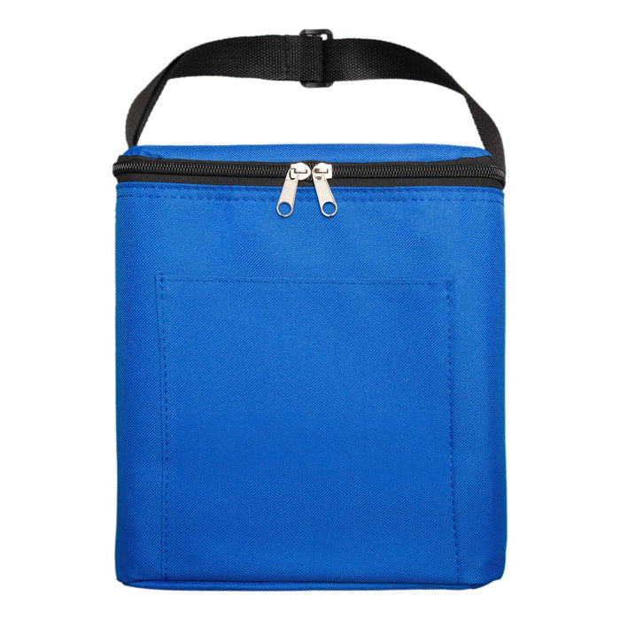 The Reel Deal - A blue cooler bag with a black zipper and handle, featuring a front pocket and a sturdy design.