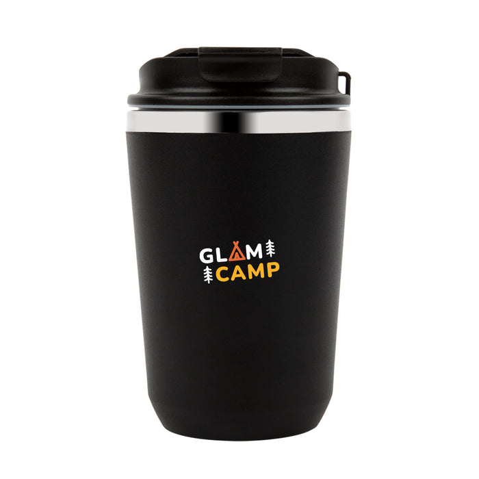 Daily Grind Pack - A drink bottle in matte black with a silver band and a logo featuring the words "GLAM CAMP."