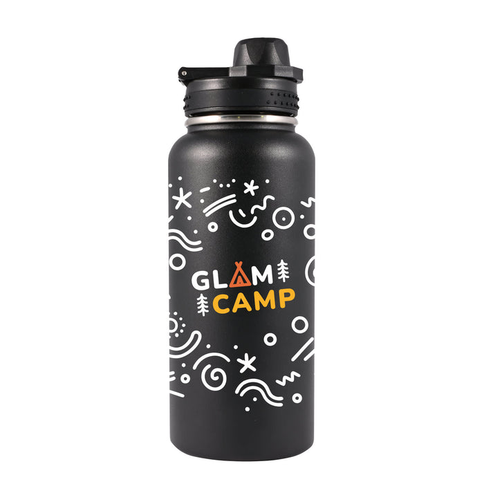 Daily Grind Pack - A black drink bottle with a design featuring swirling patterns and a logo. It has a secure screw-top lid.