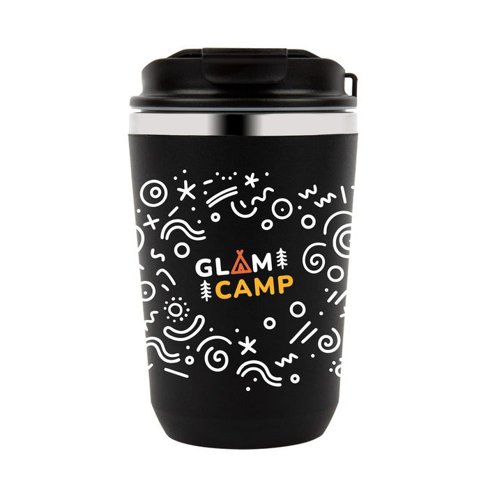 Daily Grind Pack - A drink bottle in matte black with a silver rim, featuring a playful design and a logo.