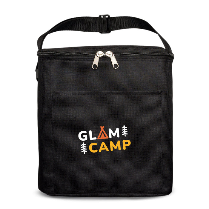 Daily Grind Pack - A black insulated bag with a zip closure and a front pocket, featuring a logo.