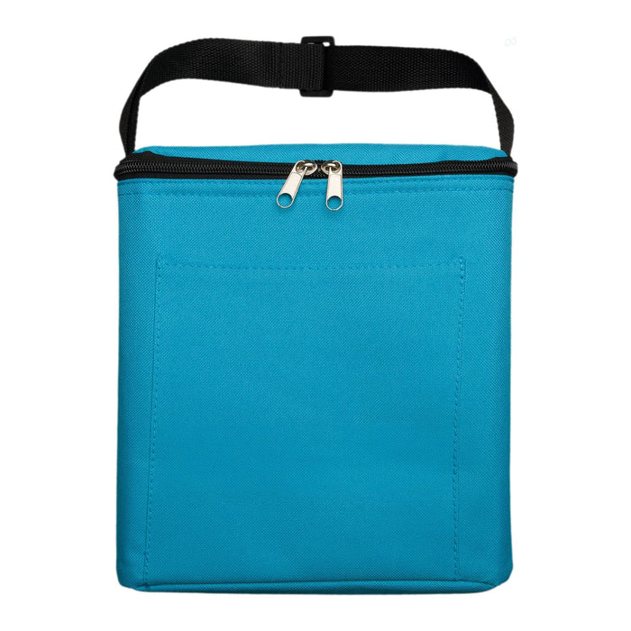 Daily Grind Pack - A turquoise insulated bag with a zip closure and a black carry strap. It features a front pocket.