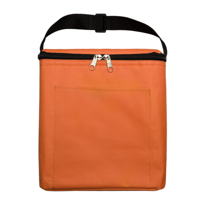 Daily Grind Pack - An orange insulated bag with a black zipper and a handle, featuring a front pocket.