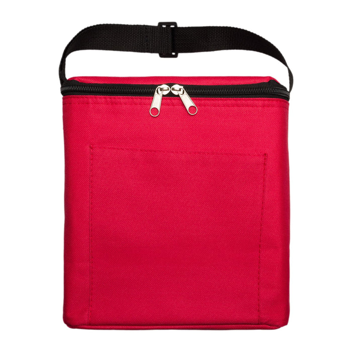 Daily Grind Pack - A red insulated bag with a zip closure and a front pocket, featuring a black strap on top.