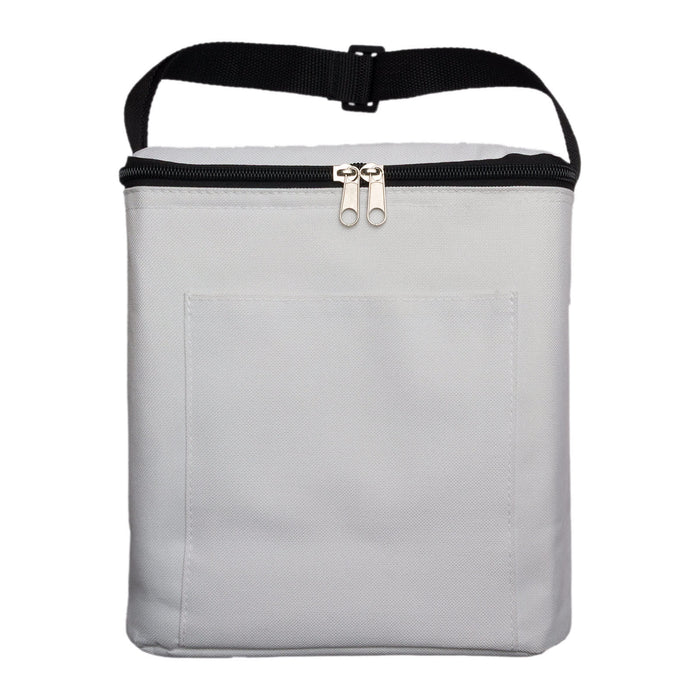 Daily Grind Pack - A grey insulated cooler bag with a zip closure and a black adjustable strap. It features a front pocket.