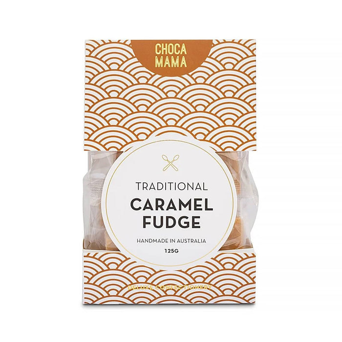 The Perfect Pairing: Christmas Edition - A package of traditional caramel fudge, featuring a decorative gold and white design, containing 125g of fudge.