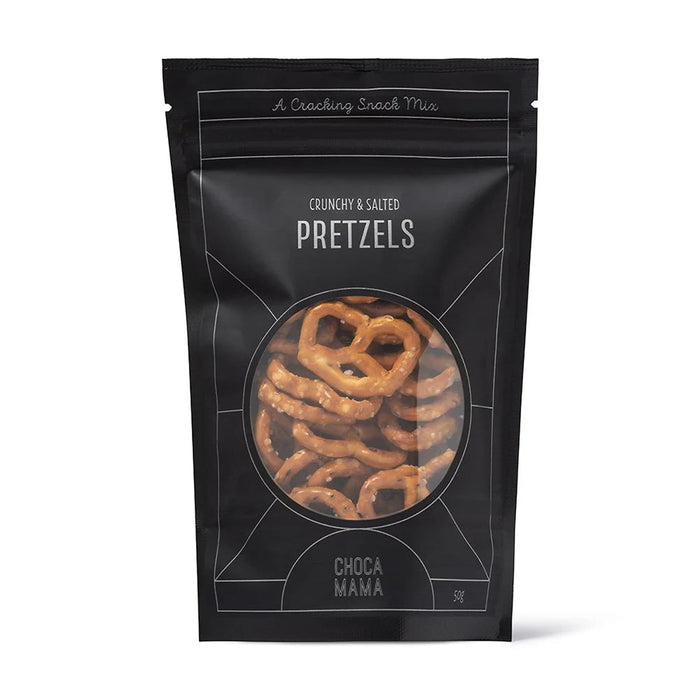 The Perfect Pairing - A black packaging bag filled with crunchy, salted pretzels. The bag features a logo and decorative design.