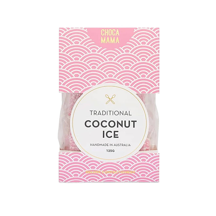 The Good Things - A pink and white packaged treat named "Traditional Coconut Ice," handmade in Australia, featuring a decorative design and a logo.