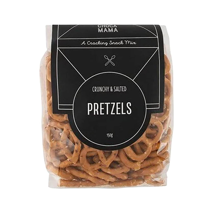 The Treat Kit - A clear bag of crunchy and salted pretzels in a brown and black packaging, featuring a logo.
