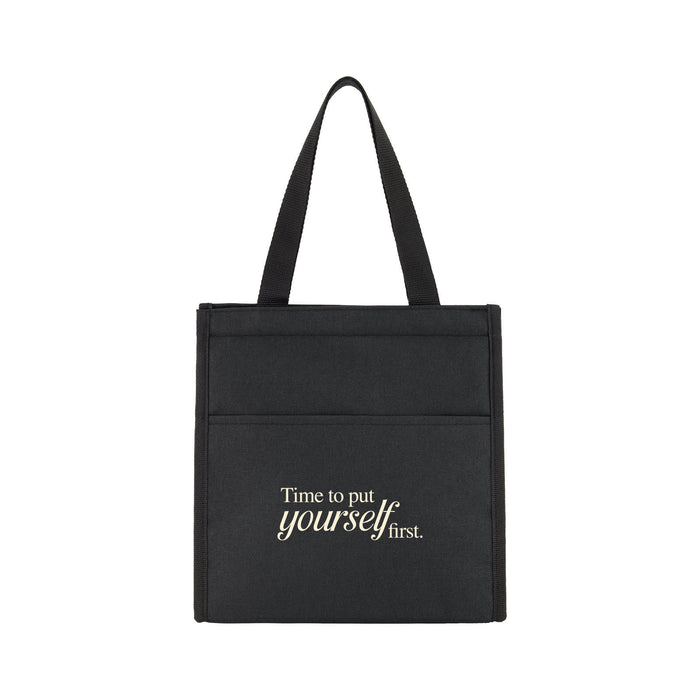 The Treat Kit - A black cooler bag with two front pockets and a branded logo, featuring the phrase "Time to put yourself first."
