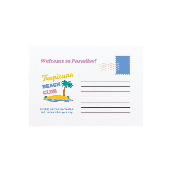 The Wine & Unwind - A postcard featuring a tropical beach scene with a palm tree, the words "Tropicana Beach Club," and a space for an address.