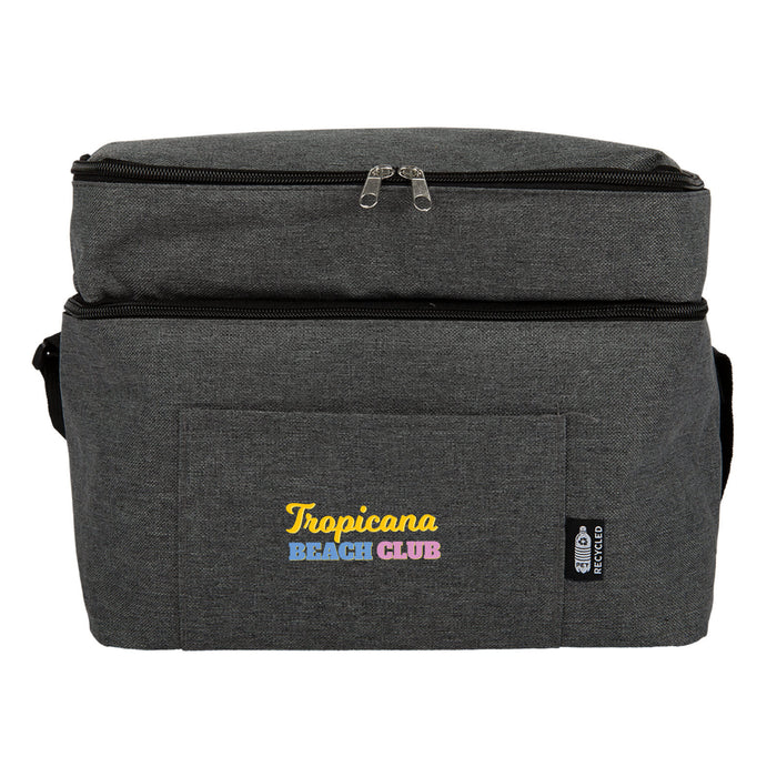 The Wine & Unwind - A drink bottle cooler bag in grey fabric with a zipped top and a front pocket. It features a logo.