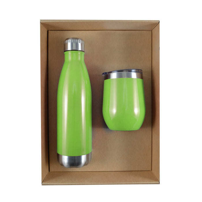 Pura Cardboard Gift Set - A green drink bottle and matching cup are arranged in a cardboard gift box. The bottle has a stainless steel bottom.