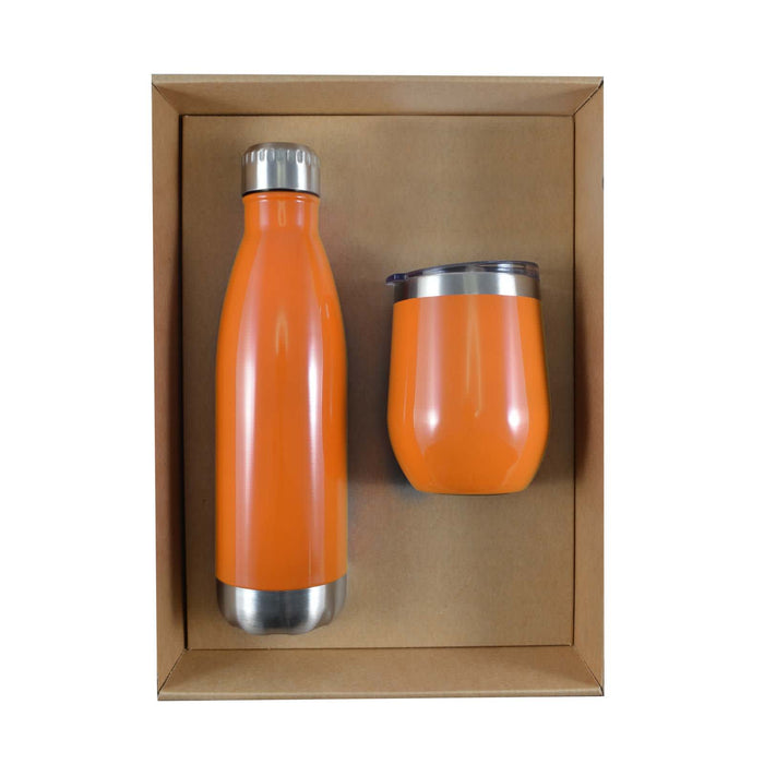 Pura Cardboard Gift Set - A drink bottle and a mug set in vibrant orange, presented in a cardboard gift box. The bottle features a stainless steel base.