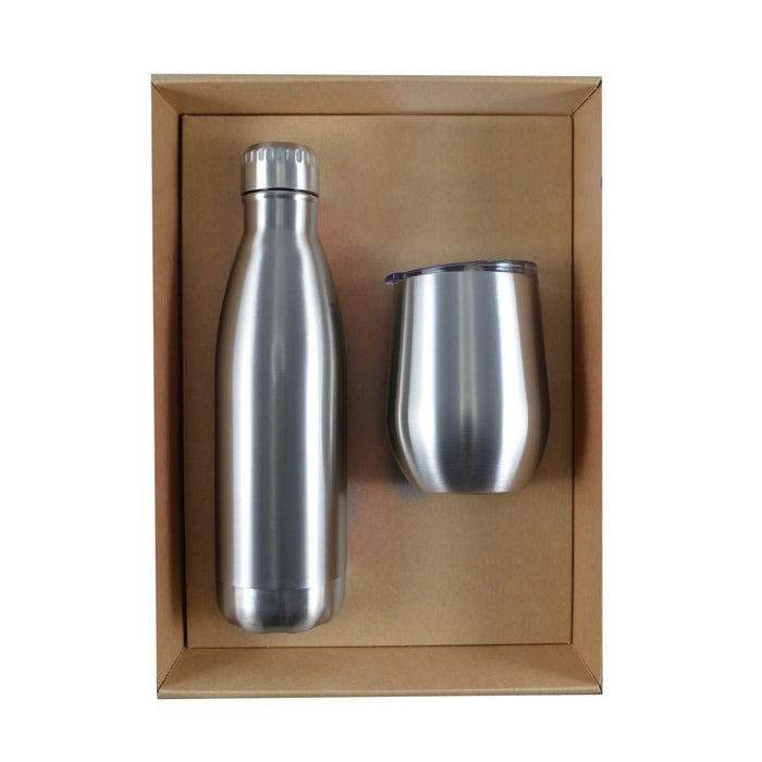 Pura Cardboard Gift Set - A drink bottle and a stainless steel tumbler are displayed in a cardboard gift set box.