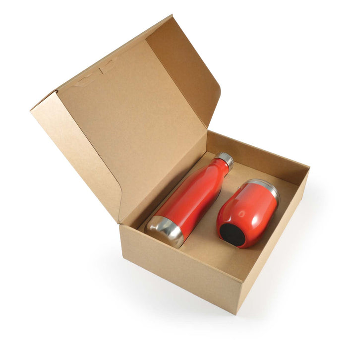 Pura Cardboard Gift Set - A red drink bottle and a red tumbler inside a cardboard gift box with an open lid. The box has a logo.