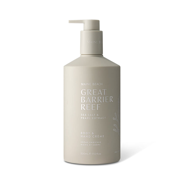 The Coastal Edit - A cream bottle in a neutral beige shade with a pump dispenser, featuring a logo and "Great Barrier Reef" branding.