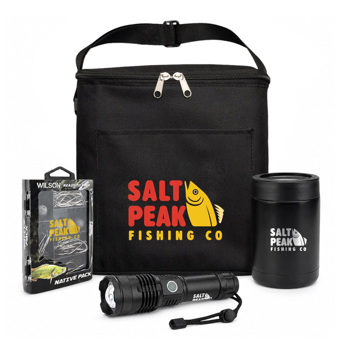 The Gone Fishing Pack - A black tote bag containing a flashlight, a drink bottle, and a fishing accessories pack, featuring branding.
