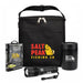The Gone Fishing Pack - A black tote bag containing a flashlight, a drink bottle, and a fishing accessories pack, featuring branding.