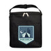 The Gone Fishing Pack - A black insulated cooler bag with a zip closure and a front pocket, featuring a logo of a tent.