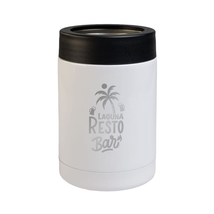 The Gone Fishing Pack - A white insulated drink container with a black lid, featuring a logo and a tropical palm tree design.