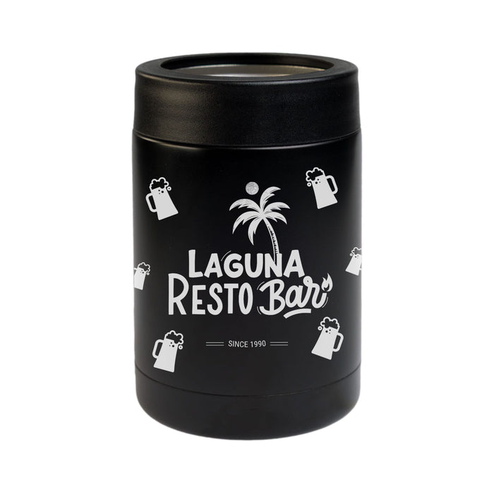 The Gone Fishing Pack - A black drink bottle with a palm tree design and a logo. Features illustrations of beer mugs around it.