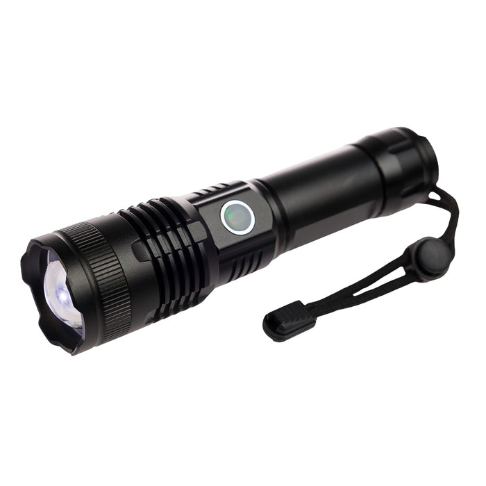 The Gone Fishing Pack - A black flashlight with a textured grip, featuring a strap and a push-button switch. It has a sleek design and a bright lens.