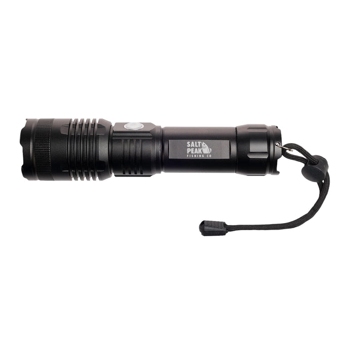 The Gone Fishing Pack - A black torch with a textured grip and a wrist strap. It features a brand logo on the side.