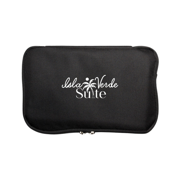 The Reel Deal - A black zippered travel pouch featuring a logo with a palm tree design.