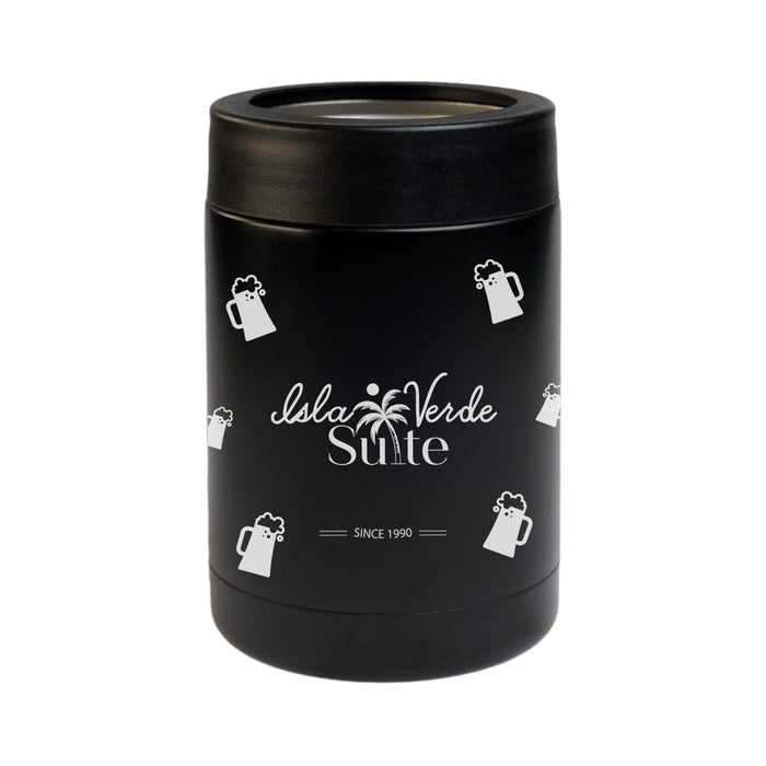 The Reel Deal - A black drink bottle with a cylindrical shape featuring a logo and designs of beer mugs.