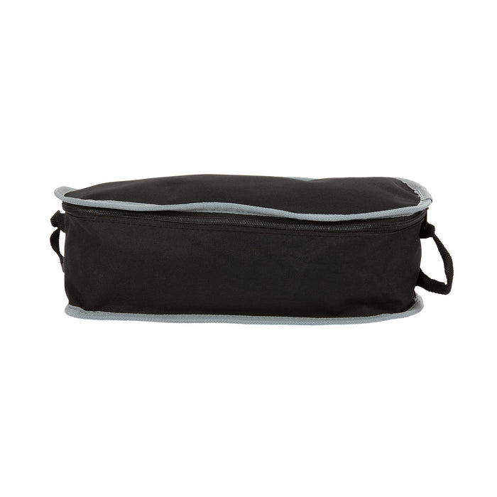 The Escape Pack - A black travel pack with grey trim, featuring a zip closure and side handles for easy carrying.
