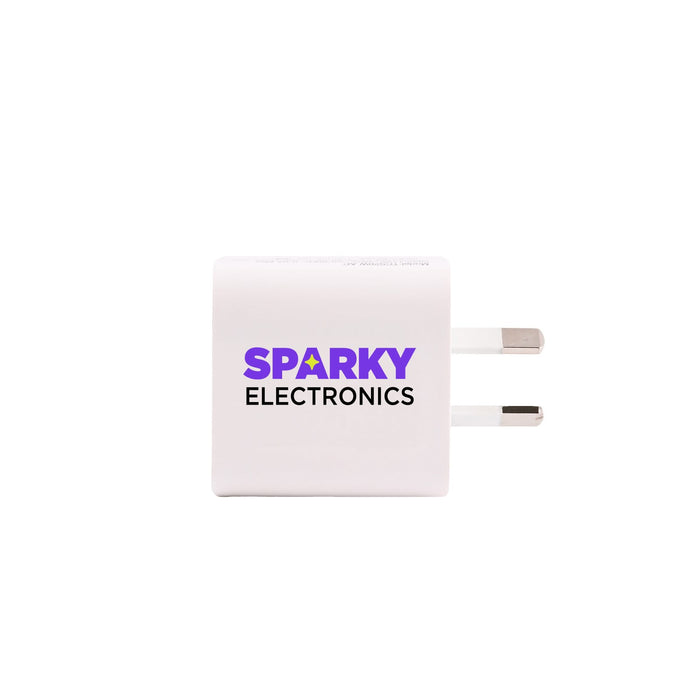 Tech Pack Connect - A white charging adapter with two prongs and a logo on the front.
