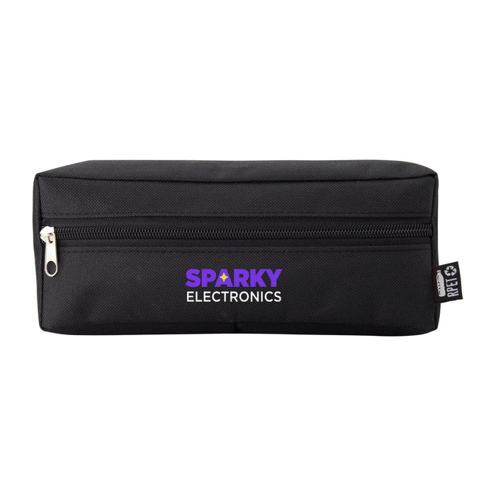 Tech Pack Connect - A black zippered pencil case with a logo on the front, featuring a rectangular design.