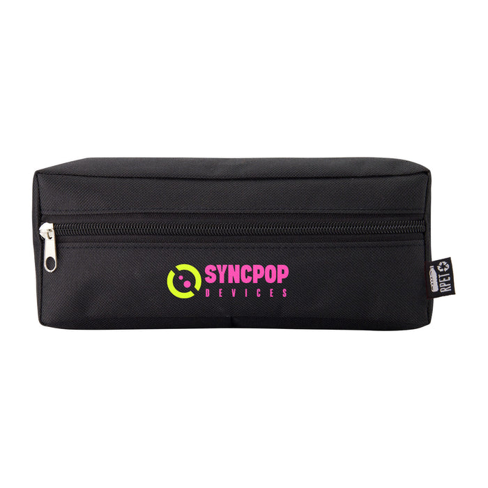 Tech Pack Charge - A black tech pack with a zip closure and a logo in vibrant colours on the front.
