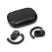 Tech Pack Charge - A pair of black wireless earbuds with a matching charging case. The design features a curved hook for a secure fit.