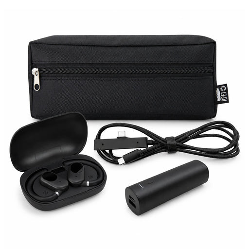 Tech Pack Charge - A black tech pack featuring a charging case with earbuds, a power bank, and a USB cable, all in a zippered pouch.