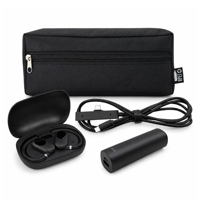 Tech Pack Charge - A black tech pack featuring a charging case with earbuds, a power bank, and a USB cable, all in a zippered pouch.