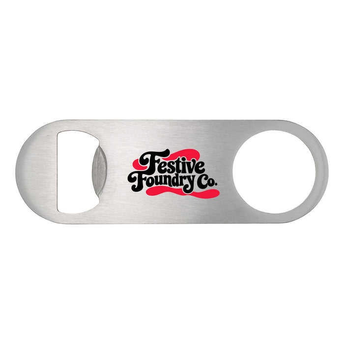 The Knock Off for Christmas Pack - A silver bottle opener with a rounded edge and a logo featuring red and black text.