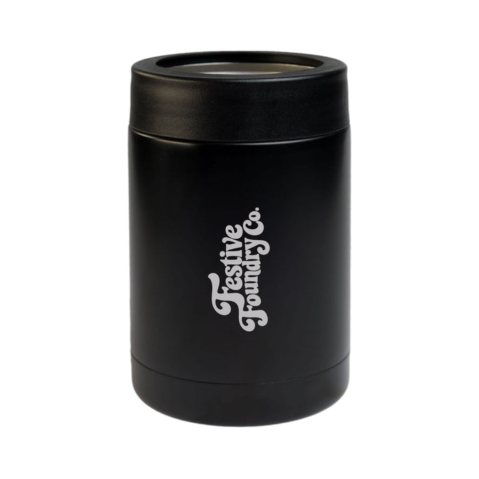 The Knock Off for Christmas Pack - A black drink bottle with a silver logo, featuring a sleek, cylindrical design.