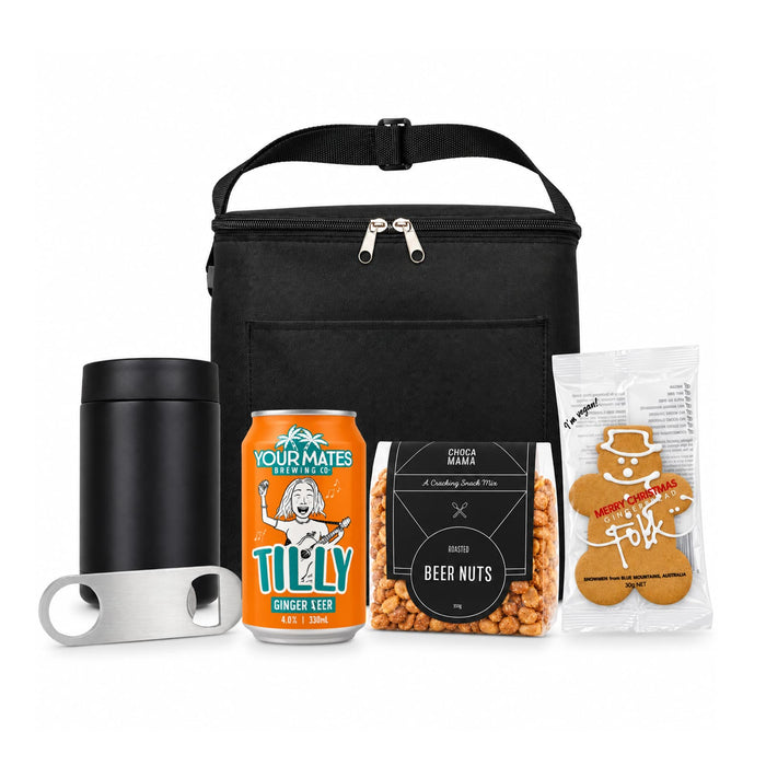 The Knock Off for Christmas Pack - A black cooler bag containing a drink bottle, a can of ginger beer, snack mix, and gingerbread cookies.
